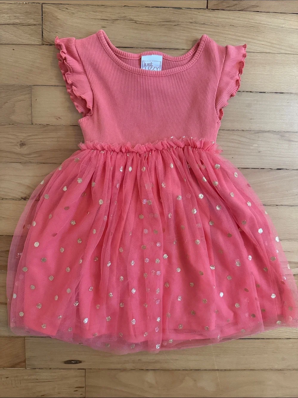 Coral Pink Tulle Party Dress with Gold Dots 3T